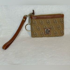 Dooney & Bourke Classic DB Monogram Brown Canvas Coin and Card Zip Wristlet. EUC